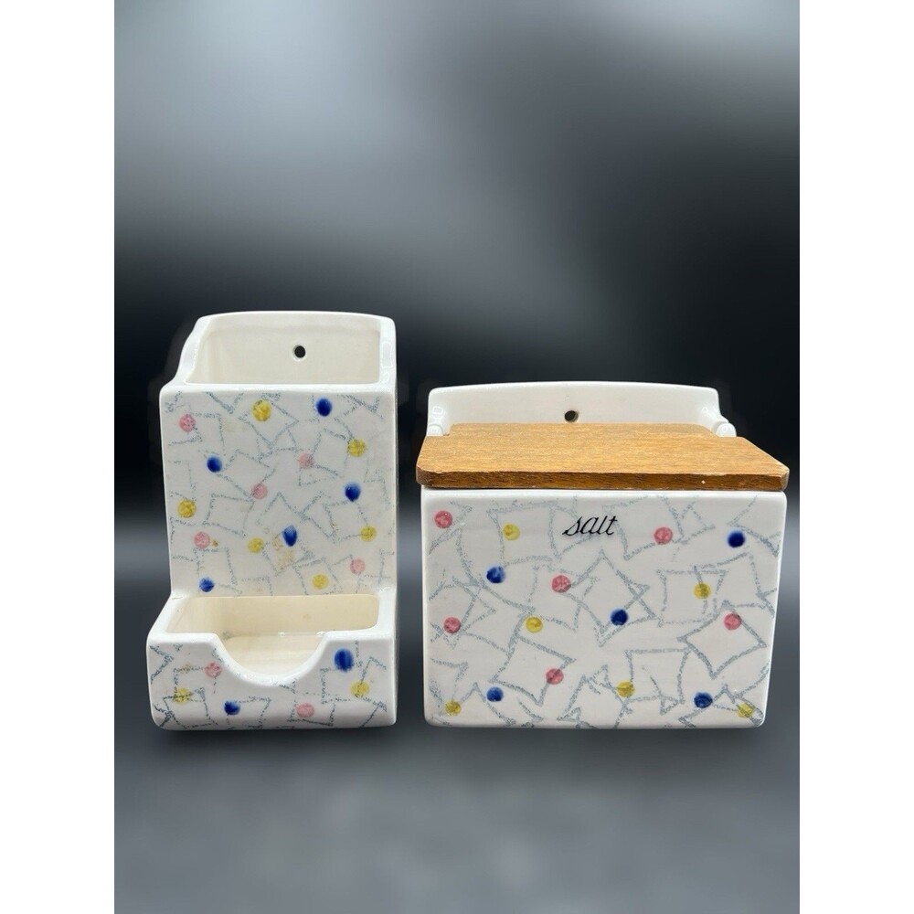 Vintage Ceramic Confetti White Salt Cellar and Tea Bag Dispenser Matching Set